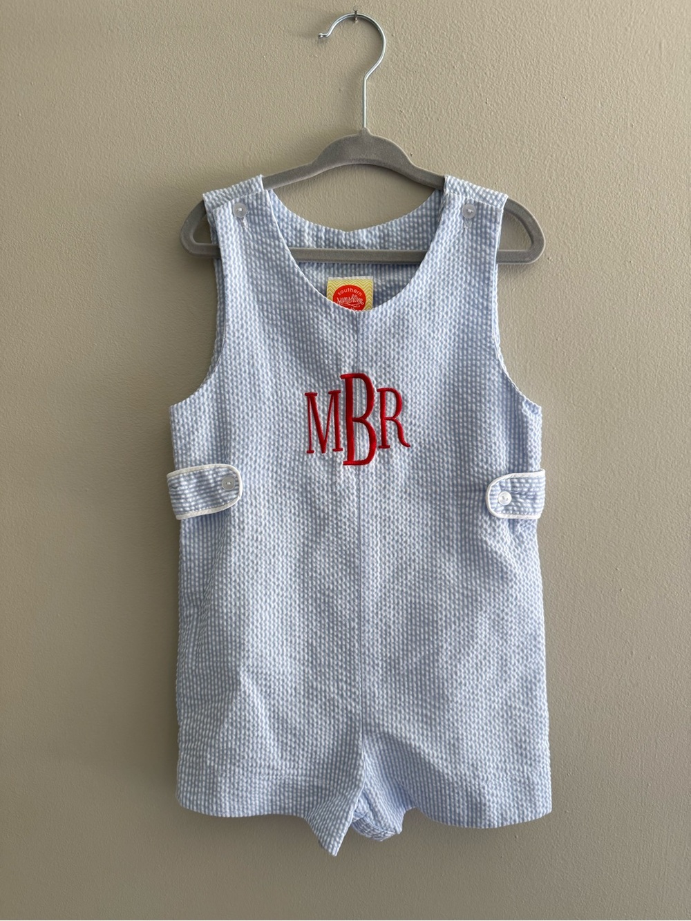 Southern Sunshine Kids Boys 2T Blue White Seersucker Monogram Romper mBr MRB